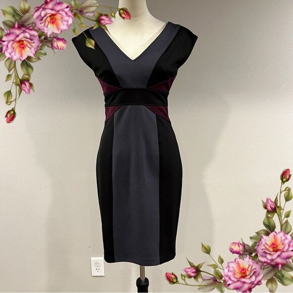 Elegant Black and Burgundy Color-block short sleeve v-neck Dress - Picture 1 of 12